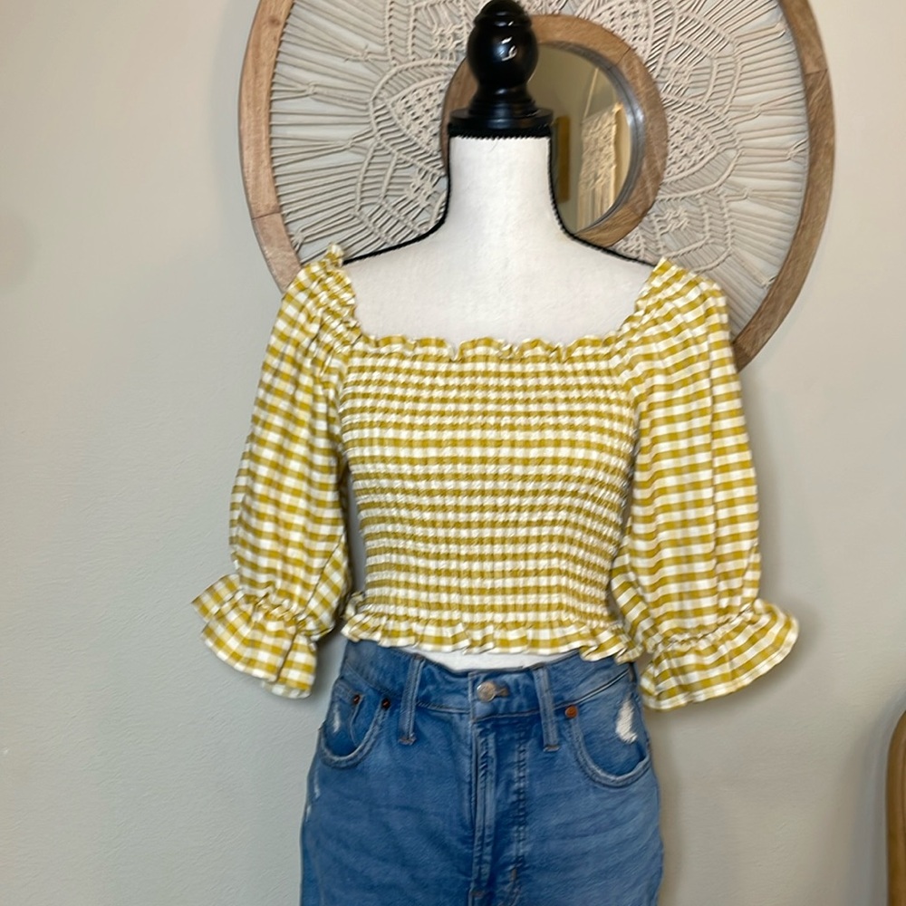 By Together YELLOW PICNIC GINGHAM PATTERN OFF-SHOULDER TOP size small